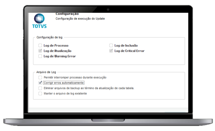 Notebook com a tela de configuração de execução do Update do Protheus